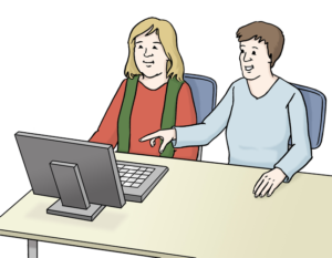 Grafik: Zwei Personen vor Computer, die eine hilft der anderen
