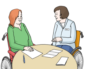 Grafik: Zwei Frauen mit Rollstuhl sitzen an einem Tisch und unterhalten sich
